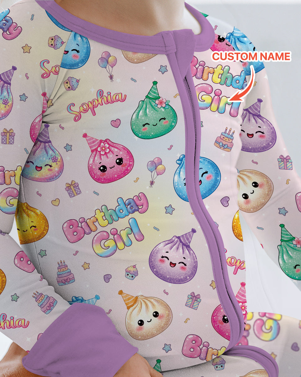 Custom Name Glitter Dumpling Birthday Girl Bamboo Convertible Zippy