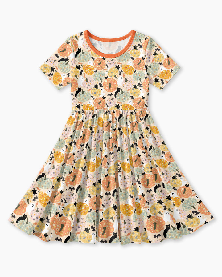 Floral Pumpkin Ghost Halloween Bamboo Twirl Dress