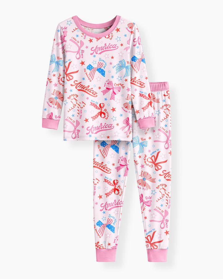 Pink Girly Patriotic Bamboo Two Piece Long Sleeve Pajama Set