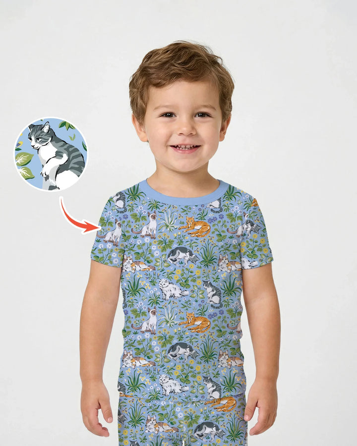 Conjunto de pijama de dos piezas de bambú de manga corta a juego para la familia Kitten Garden
