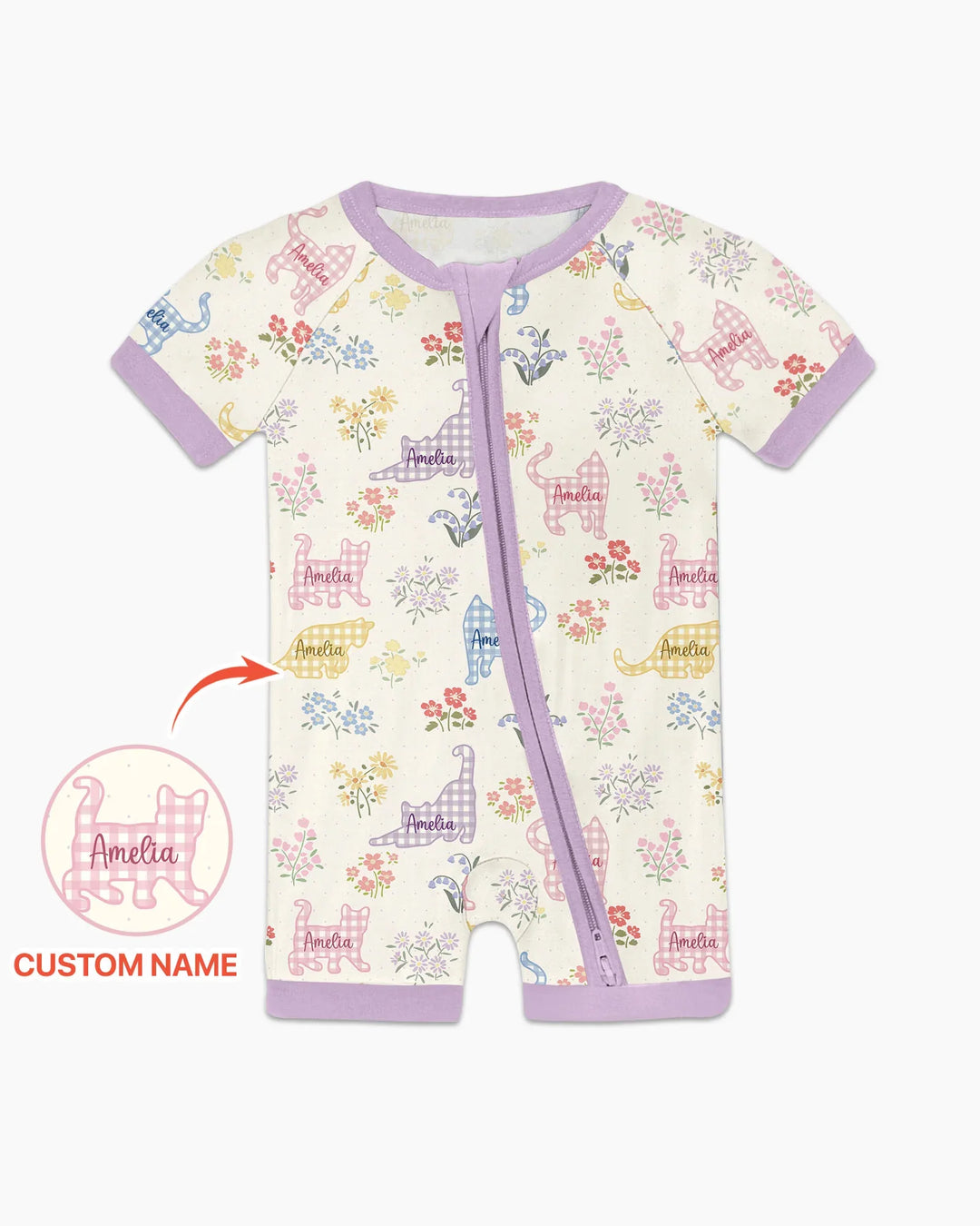 Gingham Cats Custom Name Bamboo Shorty Zippy