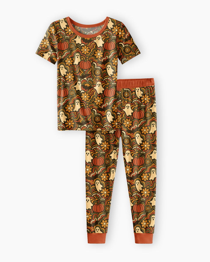 Retro Halloween Ghost Pumpkin Floral Bamboo Two Piece Short Sleeve Pajama Set