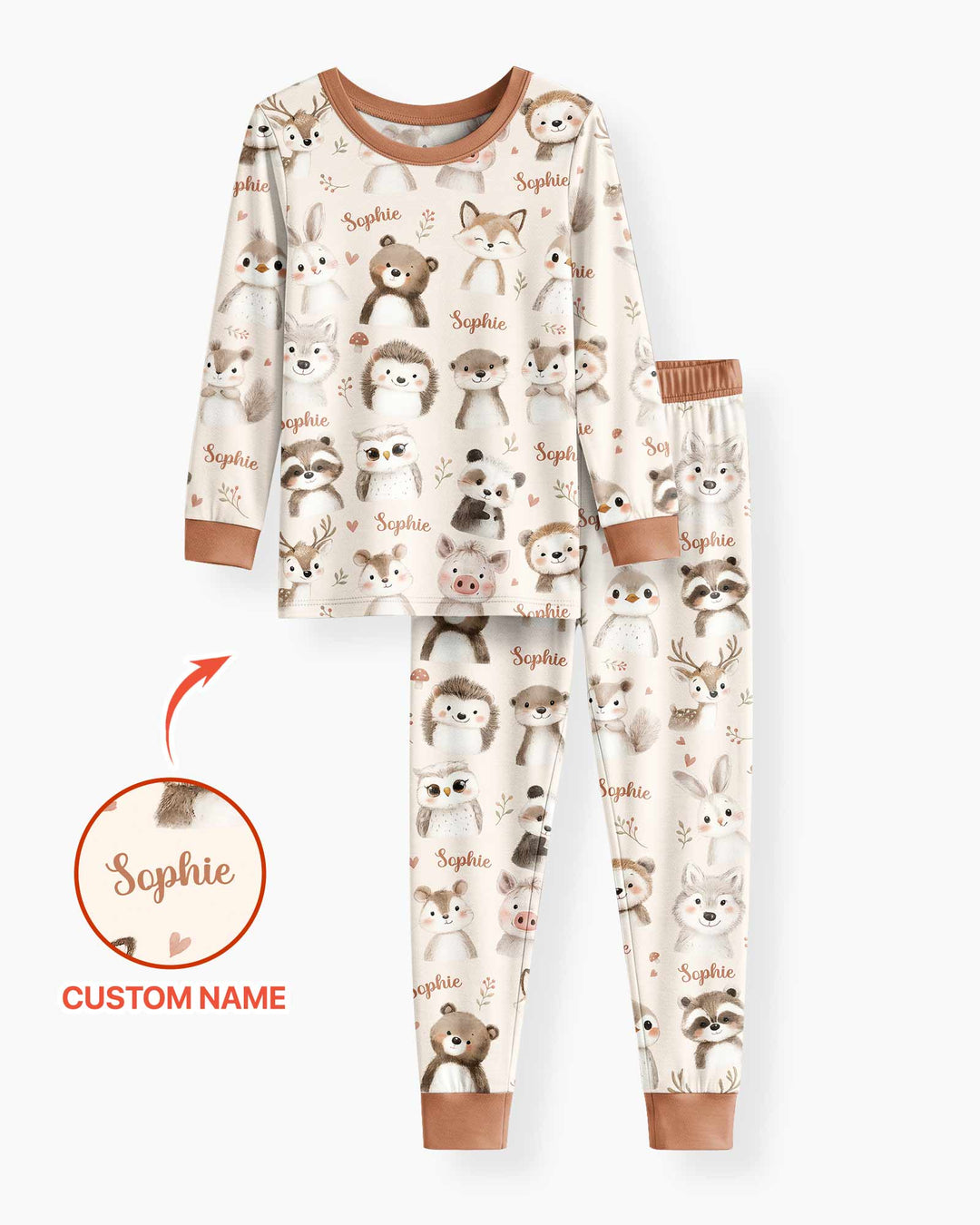 Custom Name Watercolor Woodland Bamboo Two Piece Long Sleeve Pajama Set