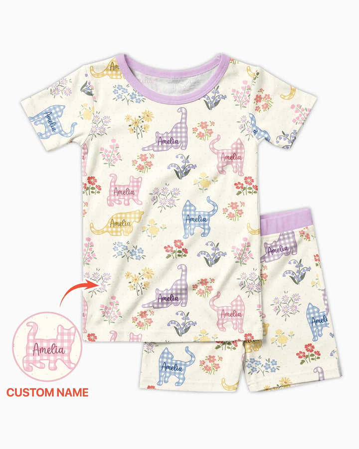 Gingham Cats Custom Name Bamboo Two Piece Short Sleeve Shorts Pajama Set