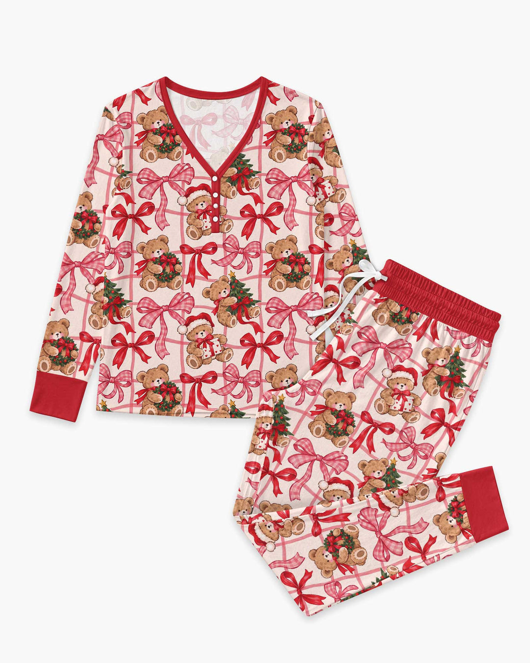 Pink Christmas Teddy Bear Plaid Mommy & Me Matching Bamboo Women Pajama Set
