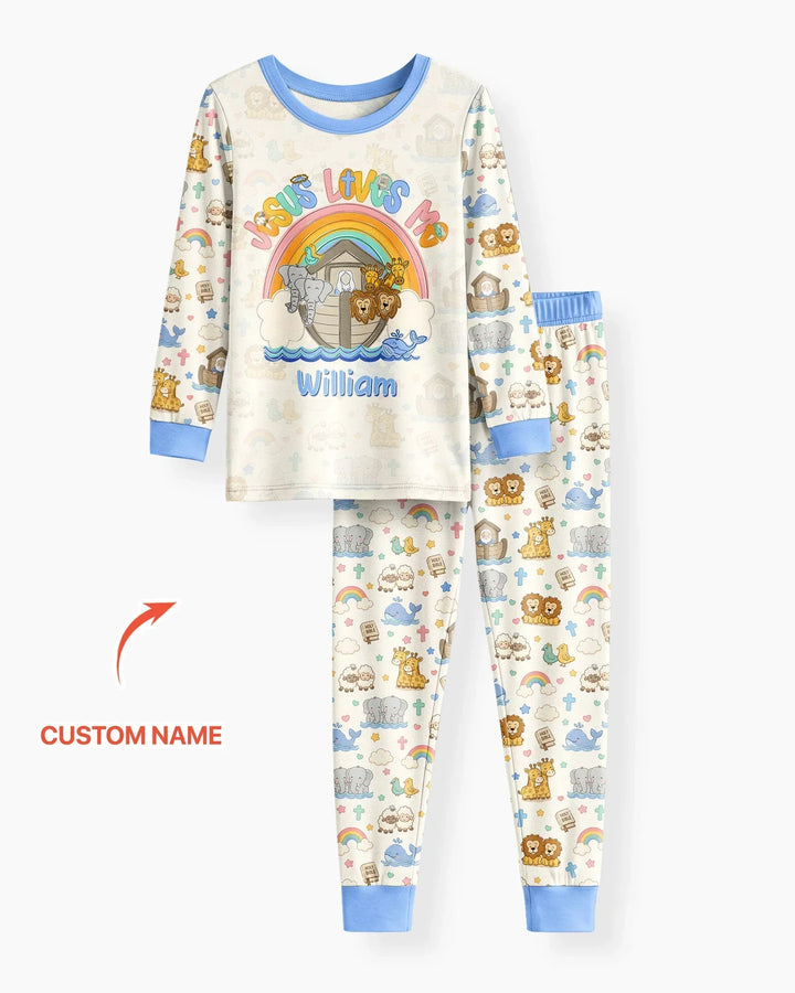 Custom Name Noah's Ark Jesus Loves Me Bamboo Two Piece Long Sleeve Pajama Set