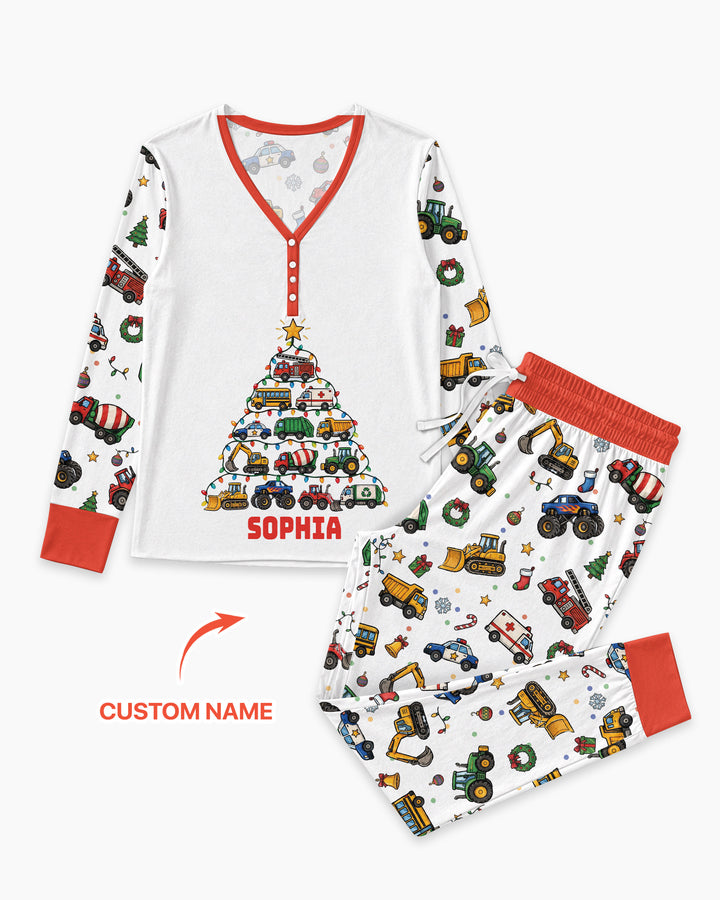 Custom Name Little Trucks Christmas Tree Bamboo Women Pajama Set