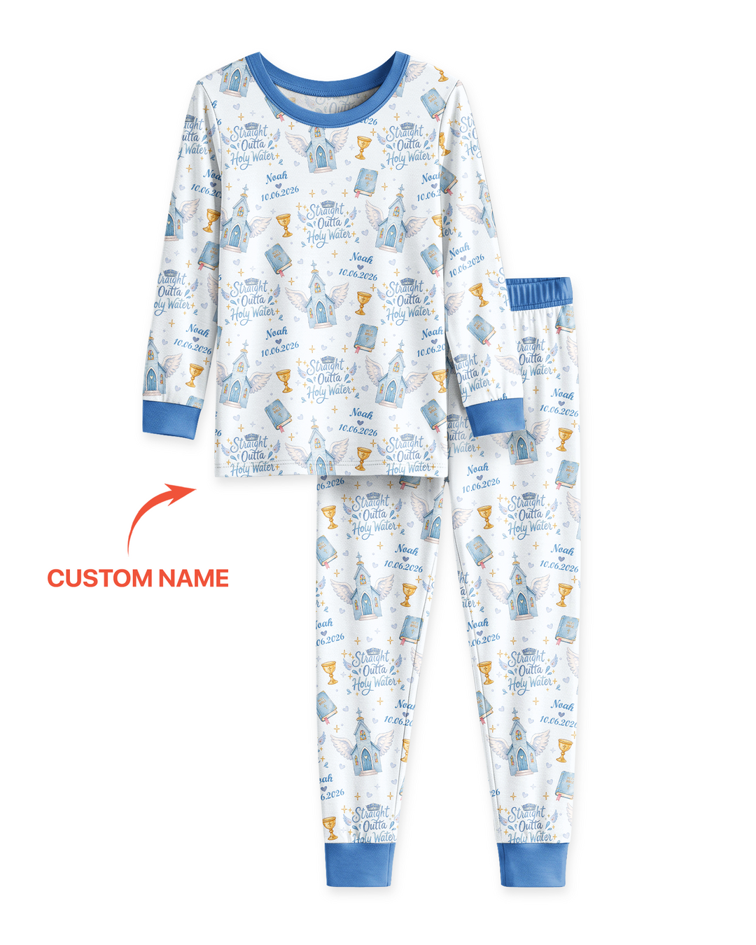Custom Name Baptism Christening Straight Outta Holy Water Bamboo Two Piece Long Sleeve Pajama Set