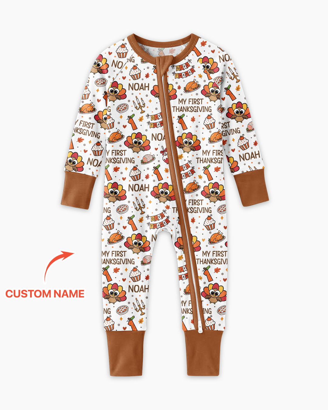 Custom Name Doodle Turkey My First Thanksgiving Bamboo Convertible Zippy