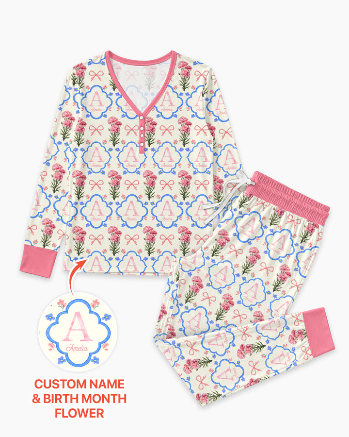 Personalized Birth Flower Mommy And Me Matching Bamboo Women Pajama Set