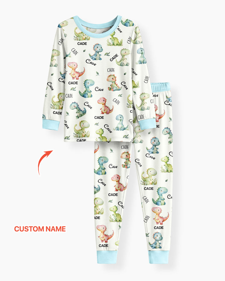 Conjunto de pijama de dos piezas de bambú de manga larga con nombre personalizado de dinosaurio