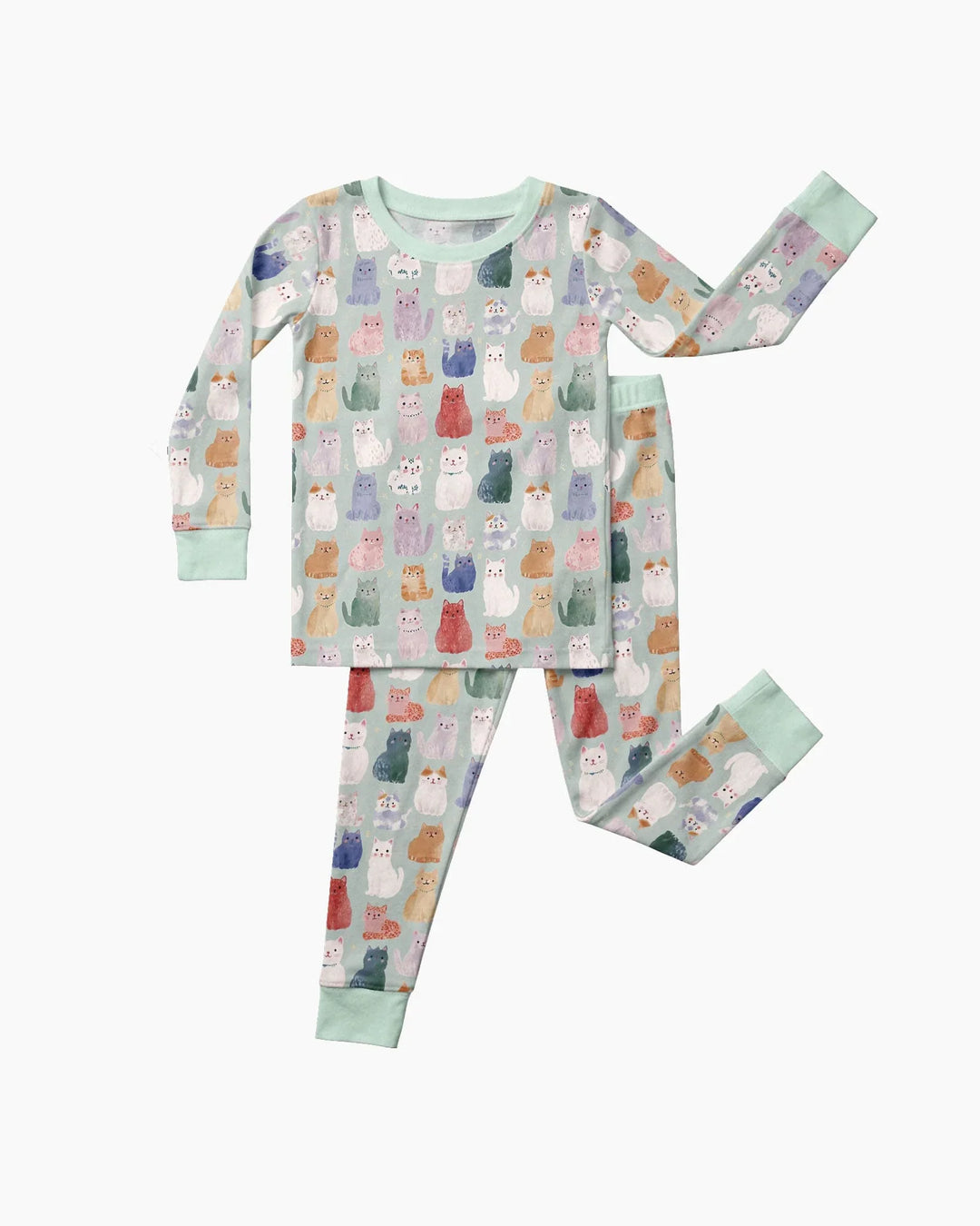 Conjunto de pijama de dos piezas de bambú de manga larga a juego familiar de gatitos felices encantados