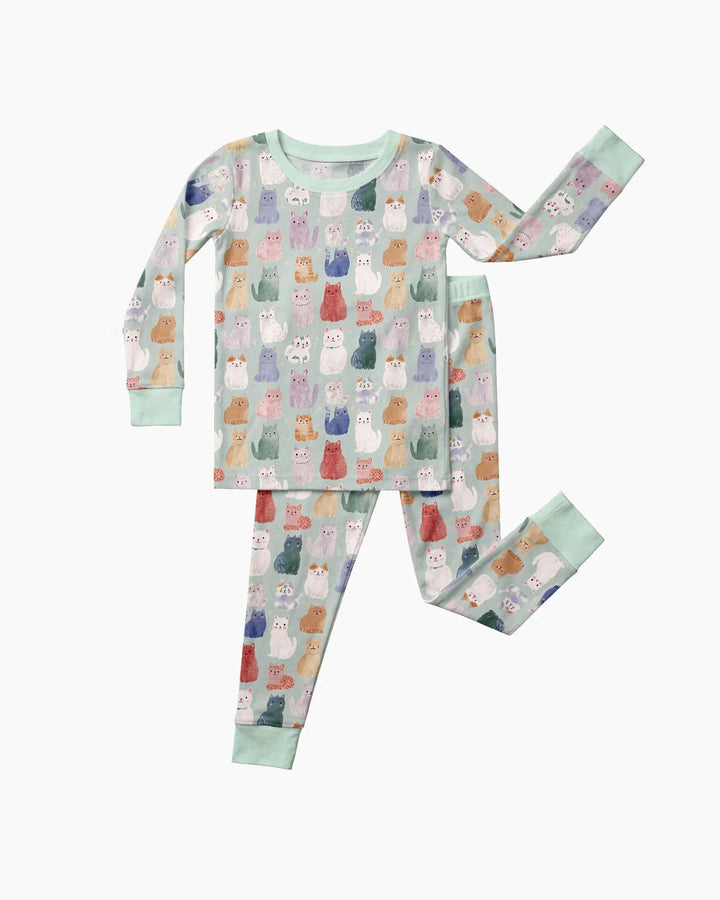 Conjunto de pijama de dos piezas de bambú de manga larga a juego familiar de gatitos felices encantados