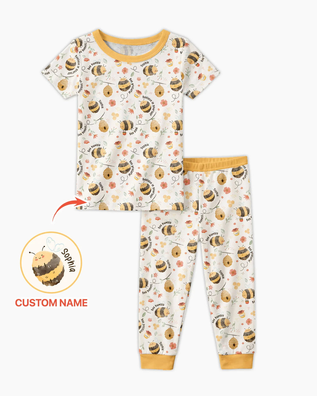 Bee Kind Custom Name Bamboo Two Piece Short Sleeve Pajama Set
