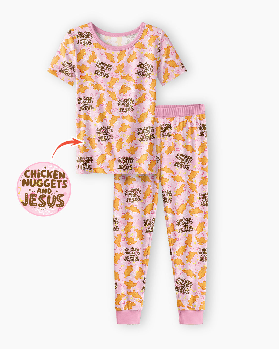 Chicken Nuggets and Jesus Family MatchingBamboo Two Piece Short Sleeve Pajama Set