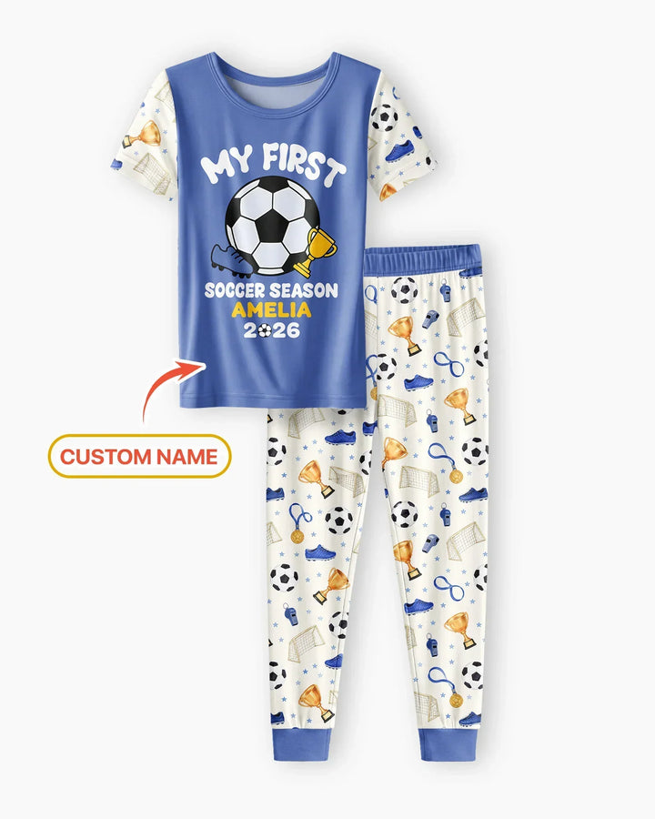 Custom Name My First Soccer Season Bamboo Two Piece Short Sleeve Pajama Set
