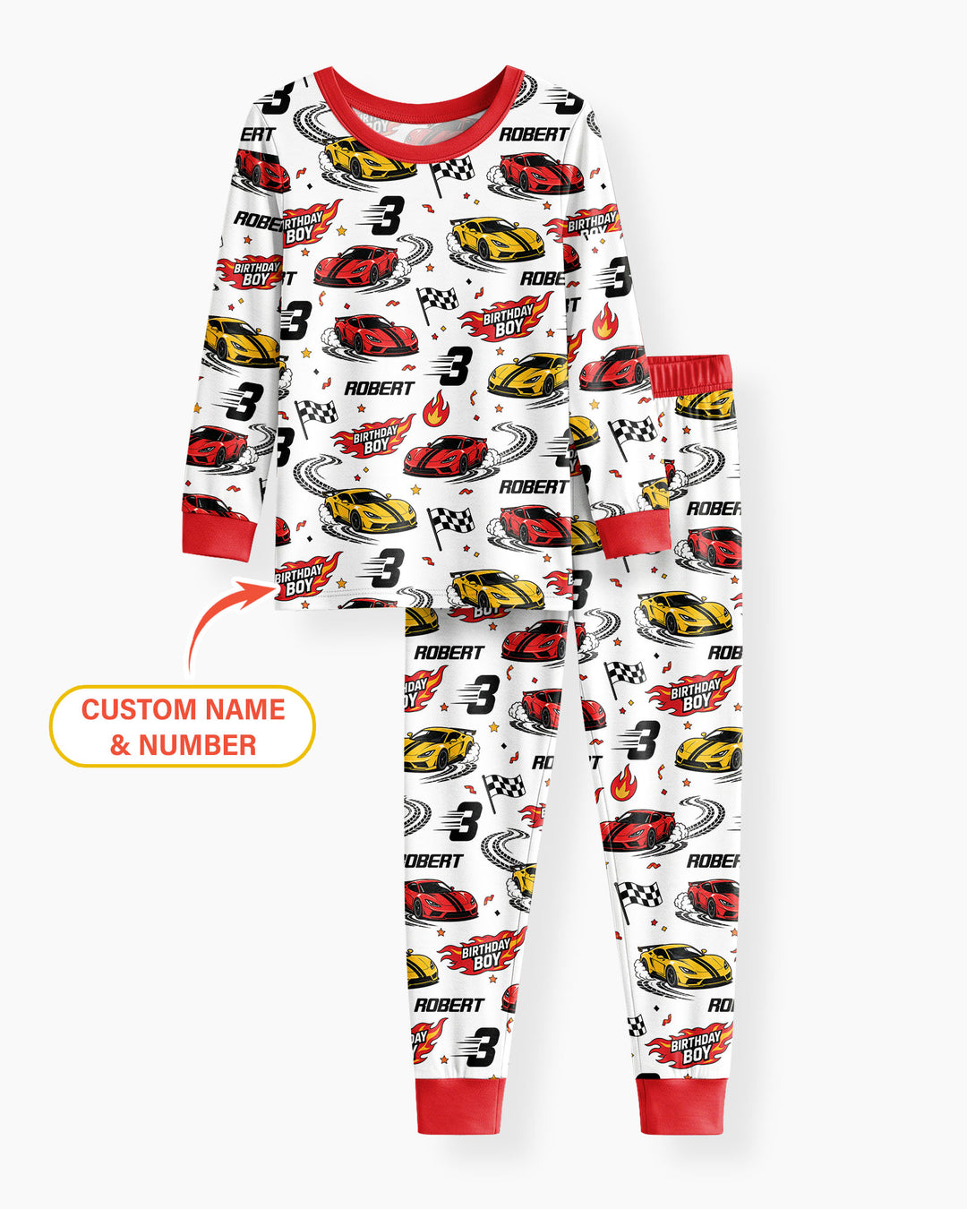 Personalized Racing Car Birthday Boy Bamboo Two Piece Long Sleeve Pajama Set