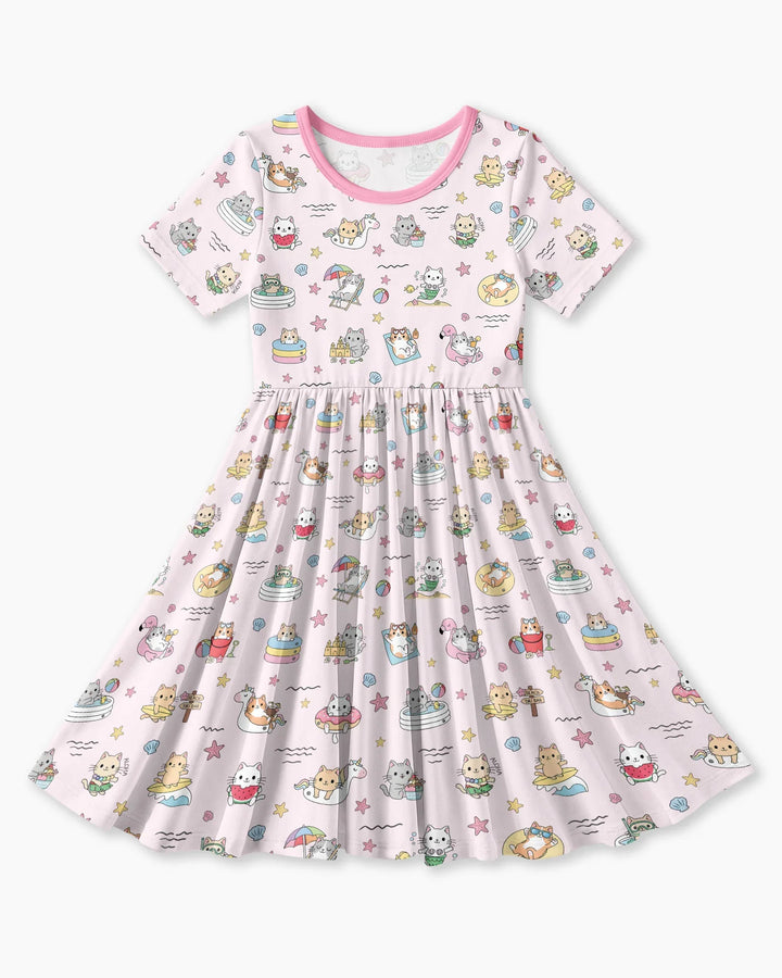 Kawaii Cats Summer Vacation Bamboo Twirl Dress