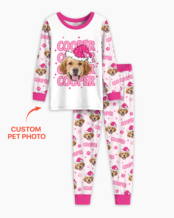 Personalized Pink Santa Dog Bamboo Two Piece Long Sleeve Pajama Set