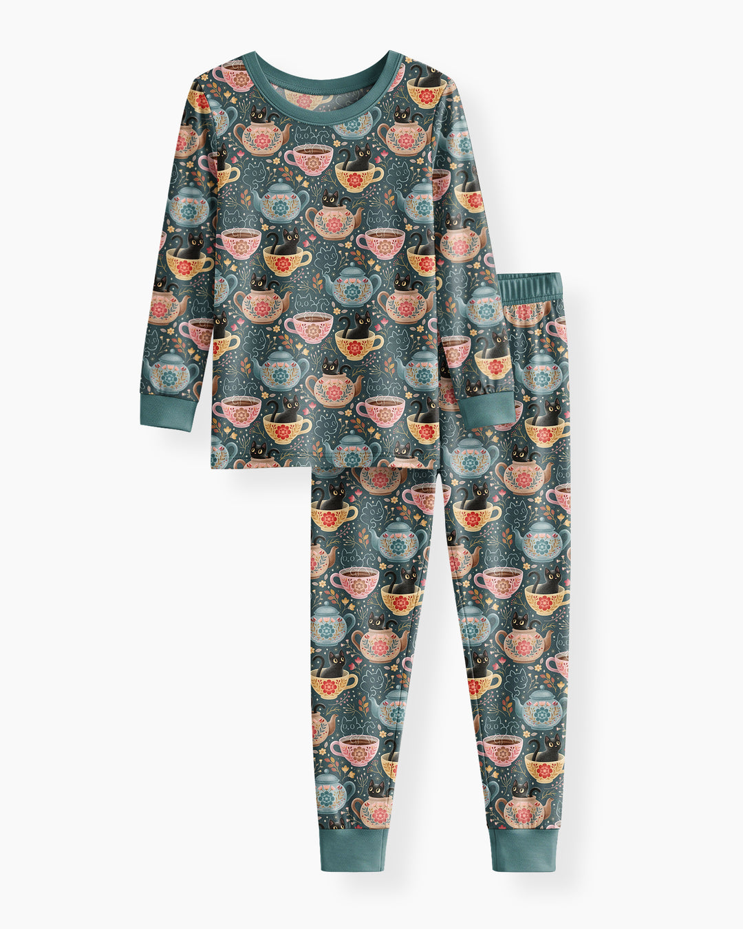Folk Floral Black Cat Tea Party Bamboo Two Piece Long Sleeve Pajama Set