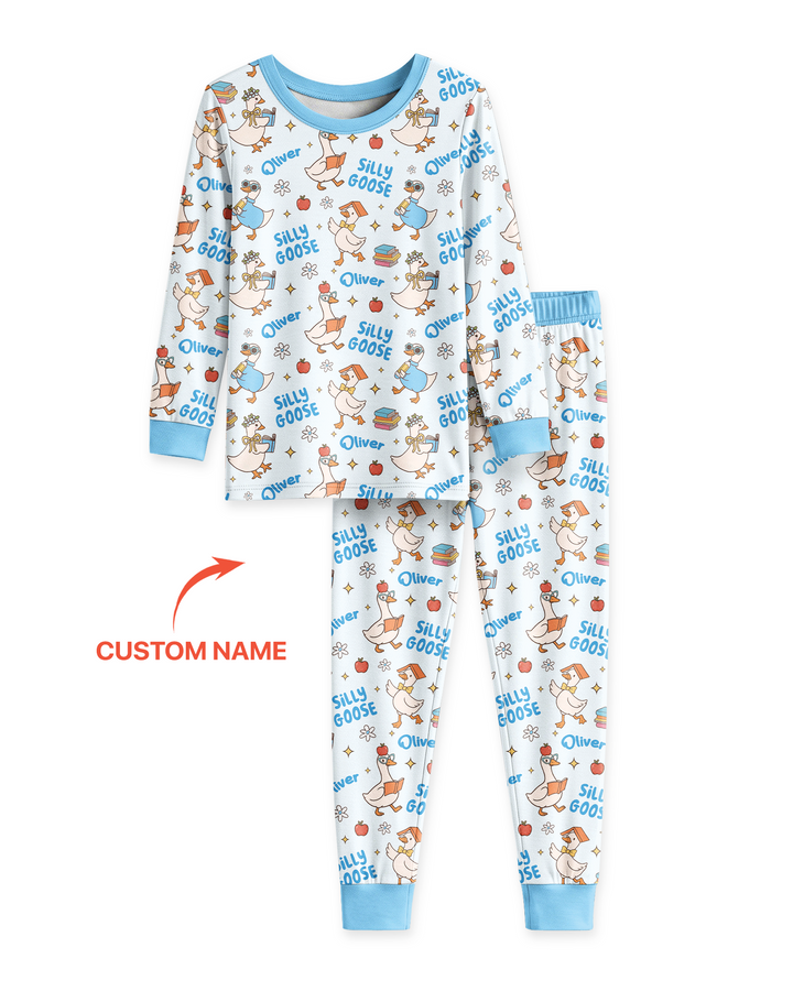 Custom Name Silly Goose Back to School Bamboo Two Piece Long Sleeve Pajama Set