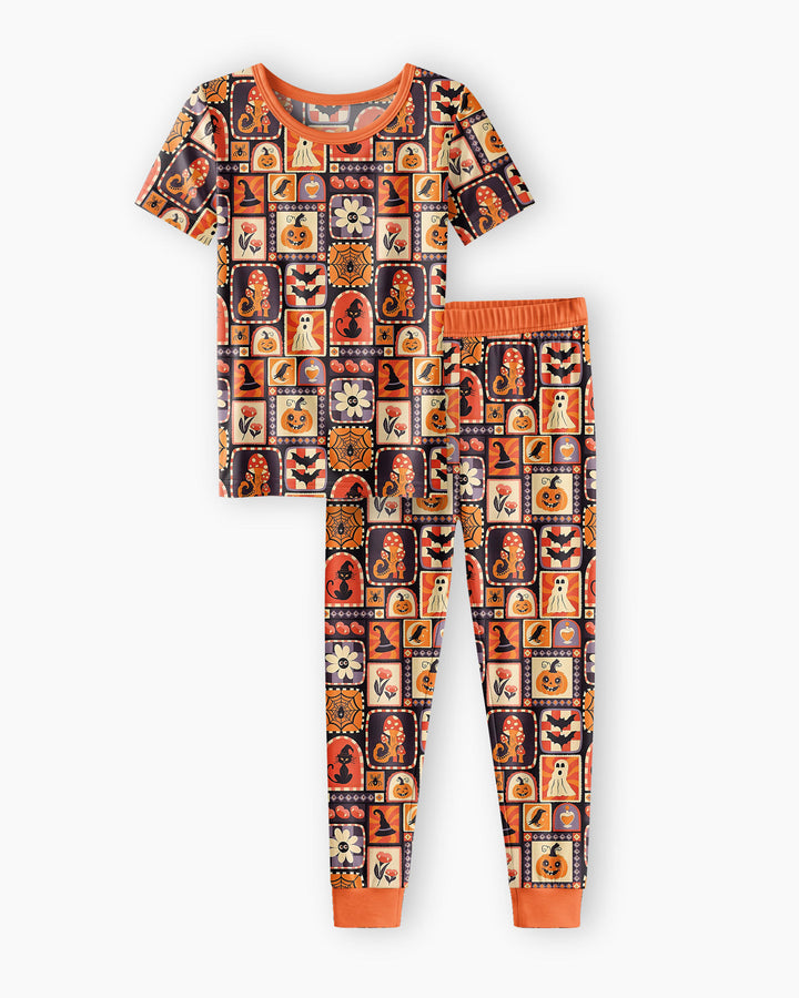 Retro Halloween Patchwork Icons Bamboo Two Piece Short Sleeve Pajama Set