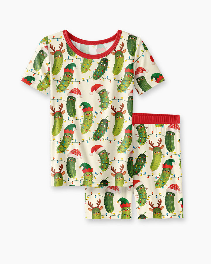 Cheerful Christmas Pickle Bamboo Two Piece Short Sleeve Shorts Pajama Set