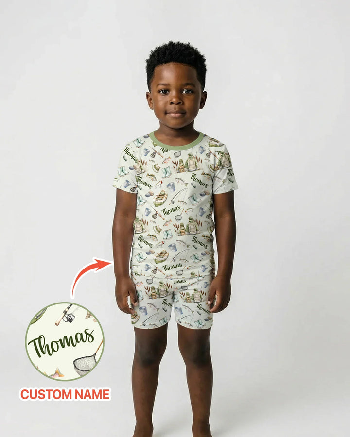 Custom Name Fishing Day Daddy & Me Matching Bamboo Two Piece Short Sleeve Shorts Pajama Set
