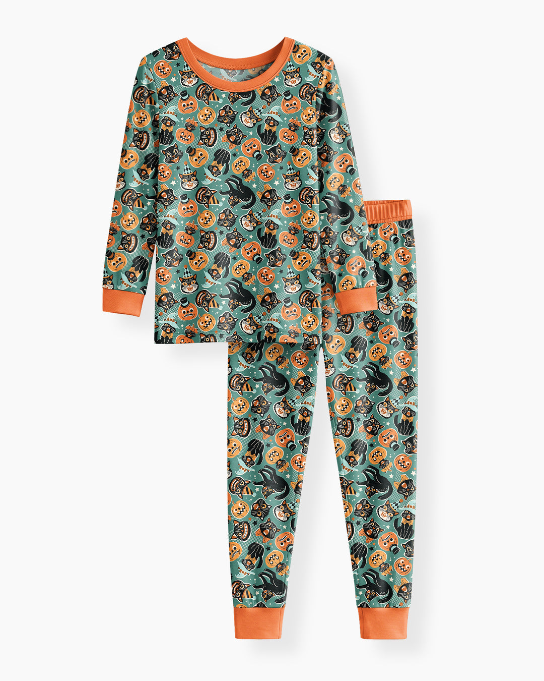 Retro Black Cat Witch Pumpkin Halloween Bamboo Two Piece Long Sleeve Pajama Set