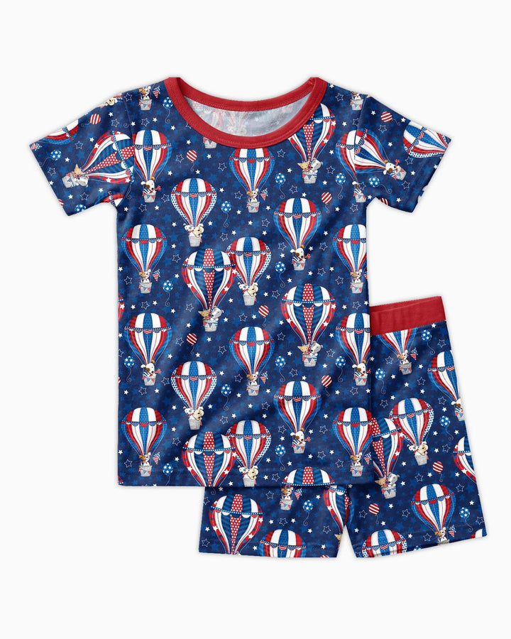 Patriotic Pups in Hot Air Balloons Family Matching Bamboo Two Piece Short Sleeve Shorts Pajama Set