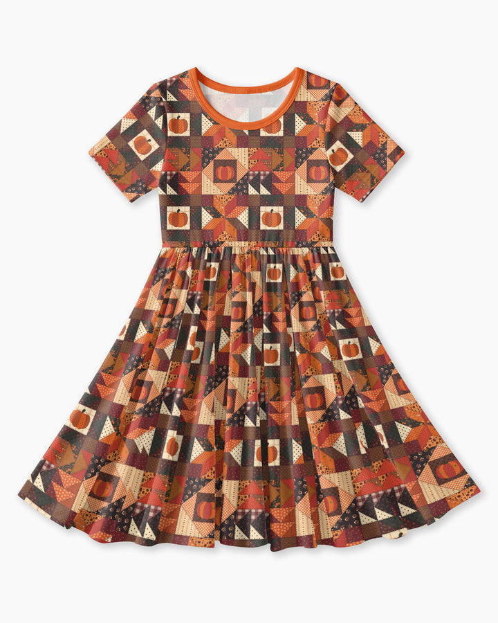 Vintage Pumpkin Patchwork Fall Bamboo Twirl Dress