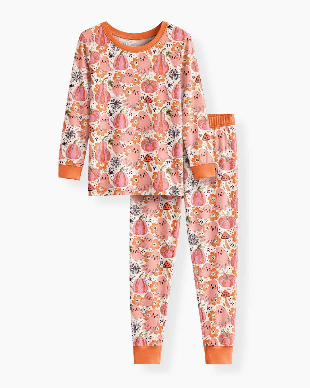Pink Ghost Pumpkin Fall Floral Halloween Bamboo Two Piece Long Sleeve Pajama Set