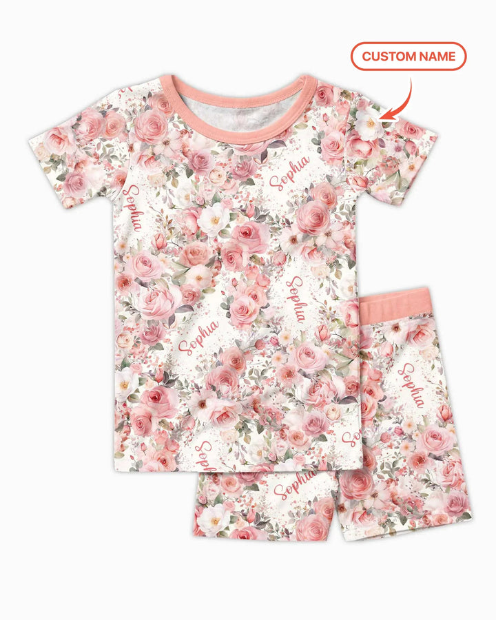 Custom Name Birth Month Flowers Bamboo Two Piece Short Sleeve Shorts Pajama Set