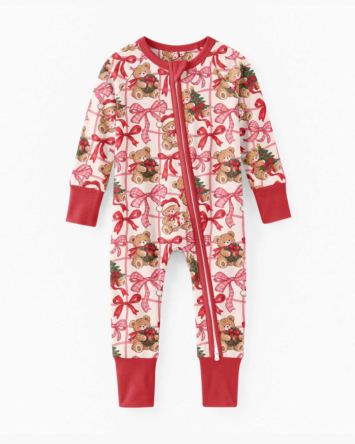 Pink Christmas Teddy Bear Plaid Mommy & Me Matching Bamboo Convertible Zippy