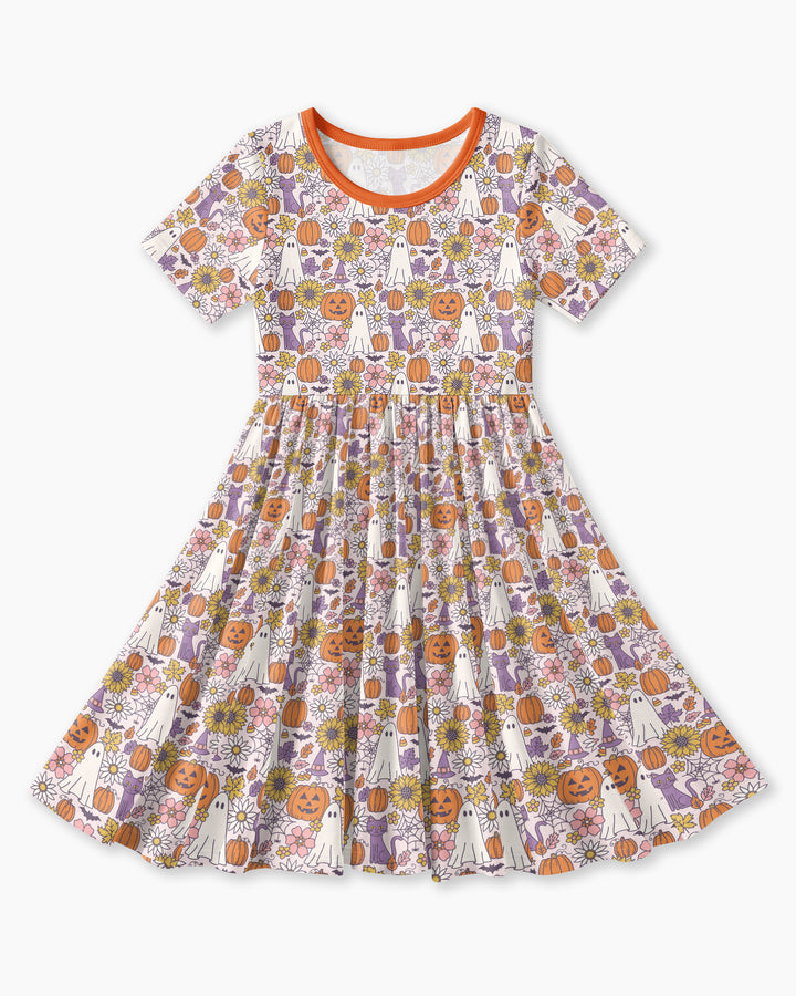 Ghost Pumpkin Fall Floral Halloween Bamboo Twirl Dress