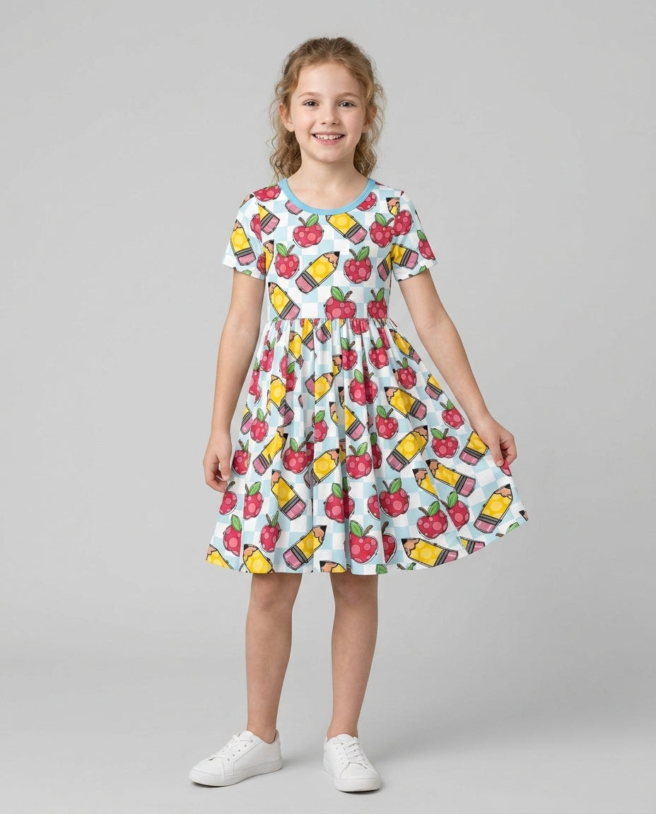 Checkered Apple Scribbles Bamboo Twirl Dress