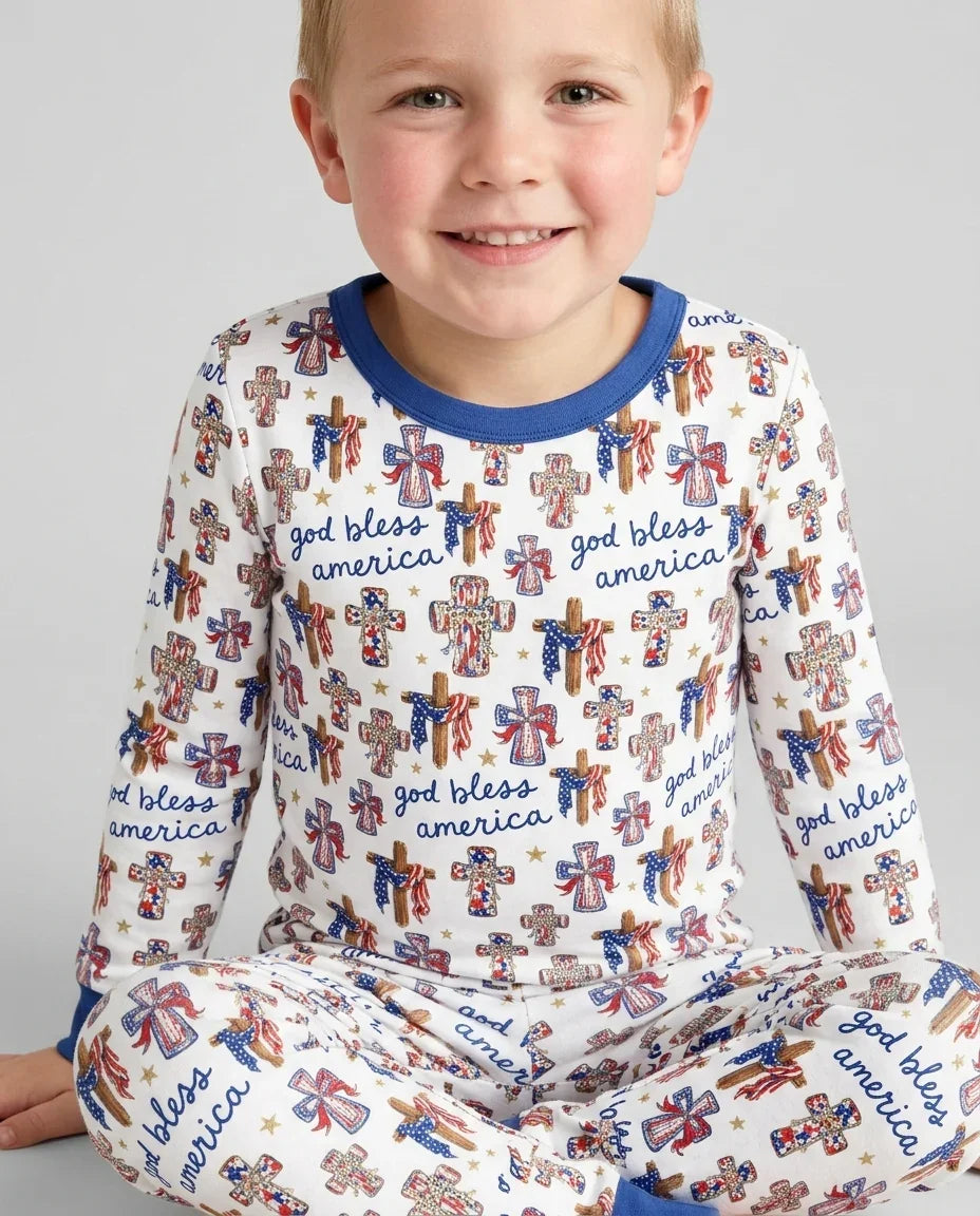 God Bless America Family Matching Bamboo Two Piece Long Sleeve Pajama Set