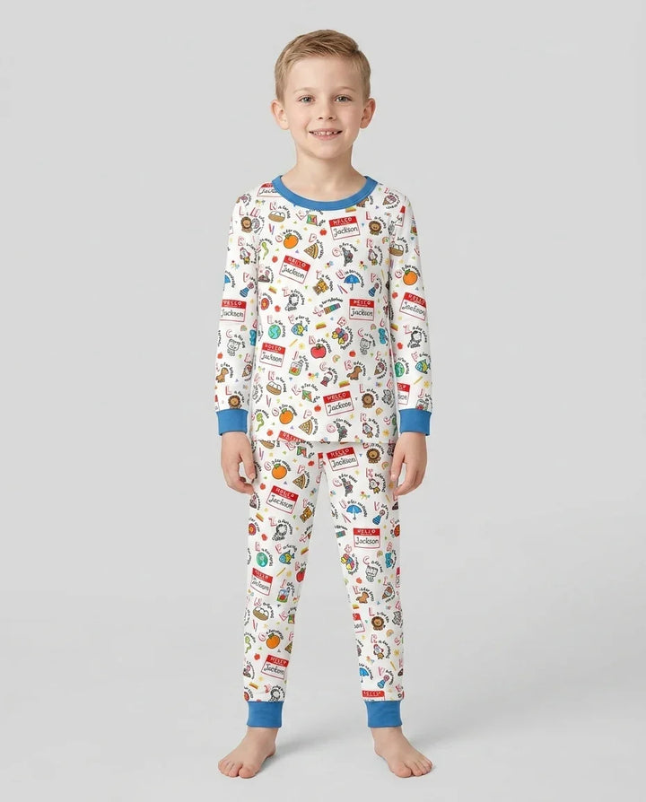 Custom Name Hello School ABCs Bamboo Two Piece Long Sleeve Pajama Set