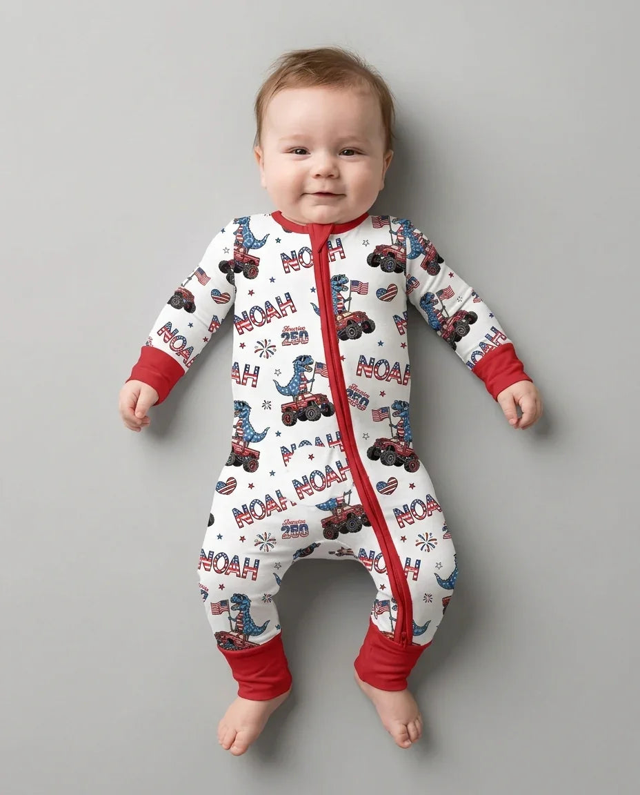 Custom Name American Flag Dinosaur Bamboo Convertible Zippy