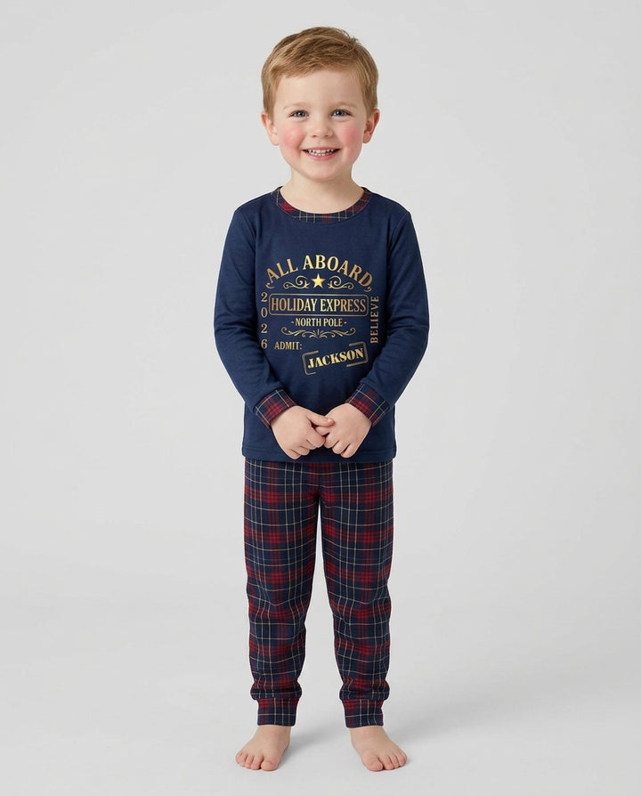 Custom Name North Pole Plaid Bamboo Two Piece Long Sleeve Pajama Set