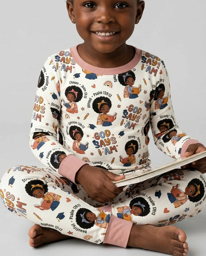 God Says I Am Cute Learning Afro Girl  Bamboo Two Piece Long Sleeve Pajama Set