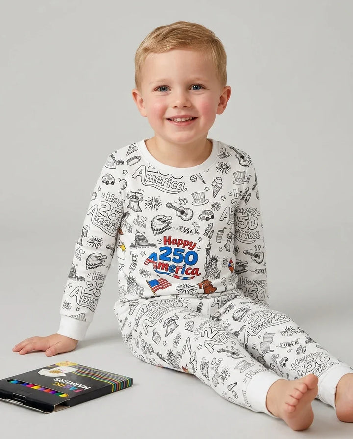 All Colorable Happy 250 America I love USA Bamboo Two Piece Long Sleeve Pajama Set