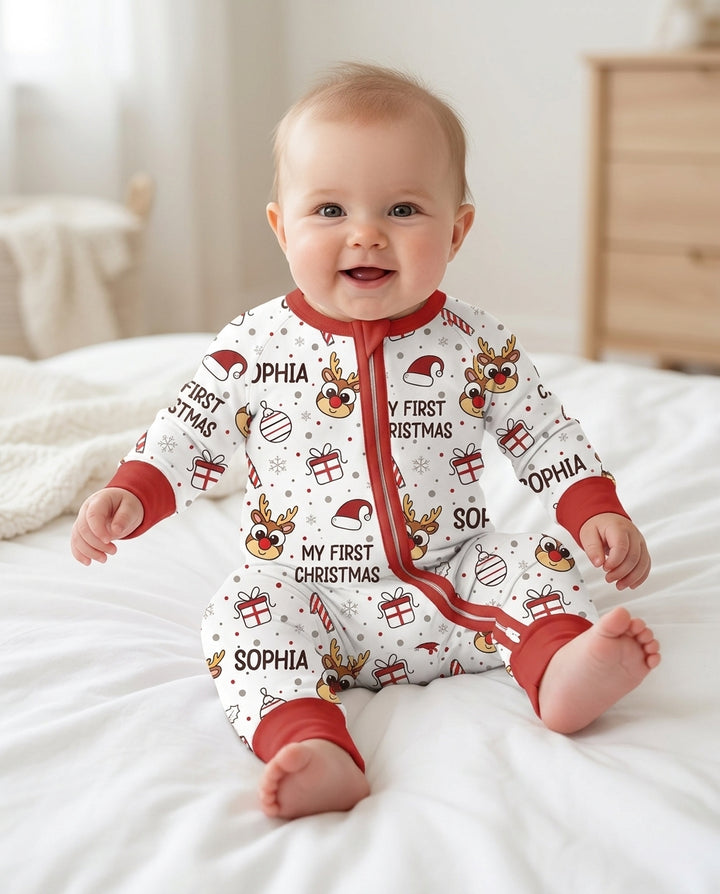 Custom Name Reindeer Doodle My First Christmas Bamboo Convertible Zippy