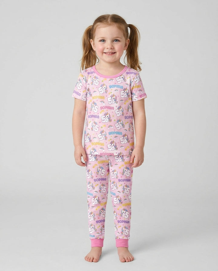 Custom Name Kawaii Unicorn Birthday Bamboo Two Piece Short Sleeve Pajama Set