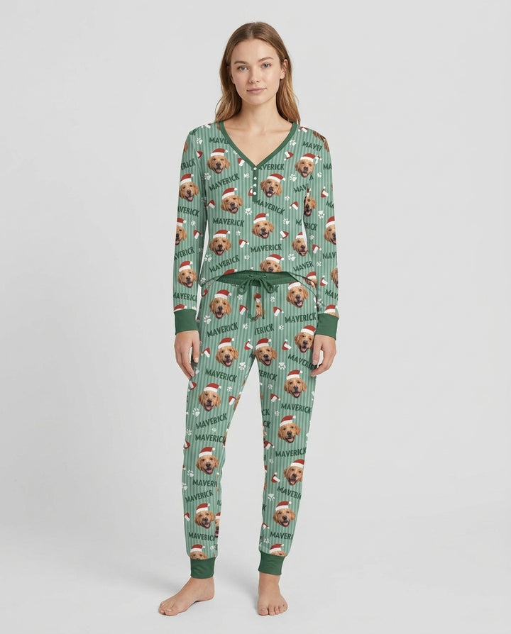 Custom Pet Photo Christmas Paws Stripe Bamboo Women Pajama Set