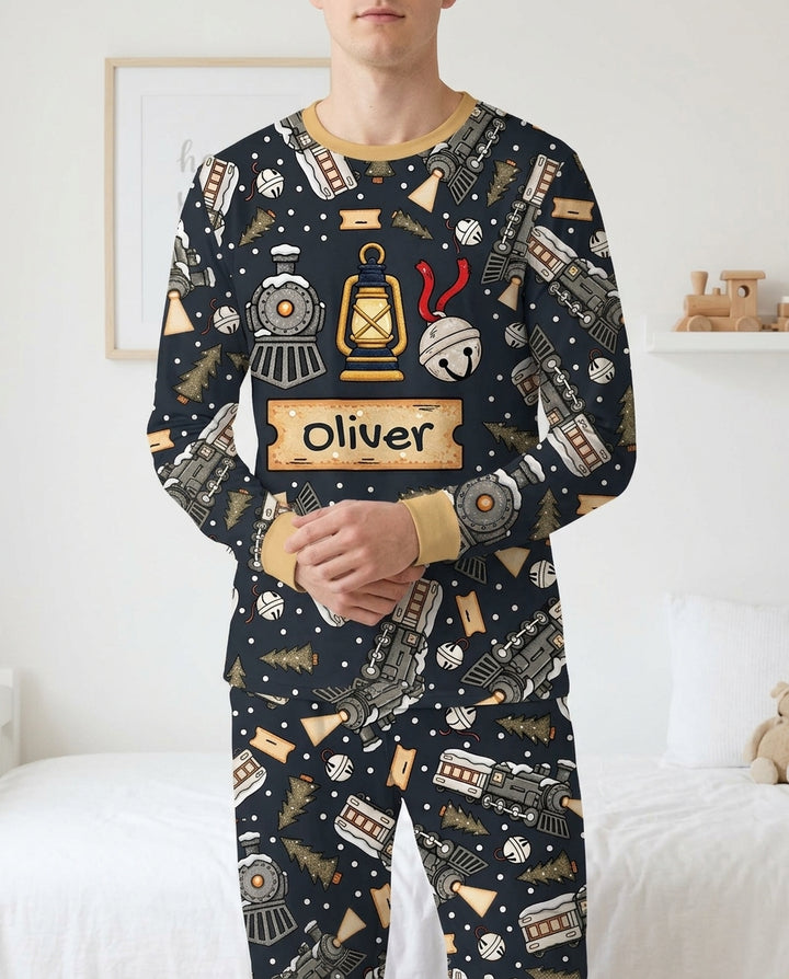 Custom Name Believe Kid Train  Bamboo Men's Pajama Set