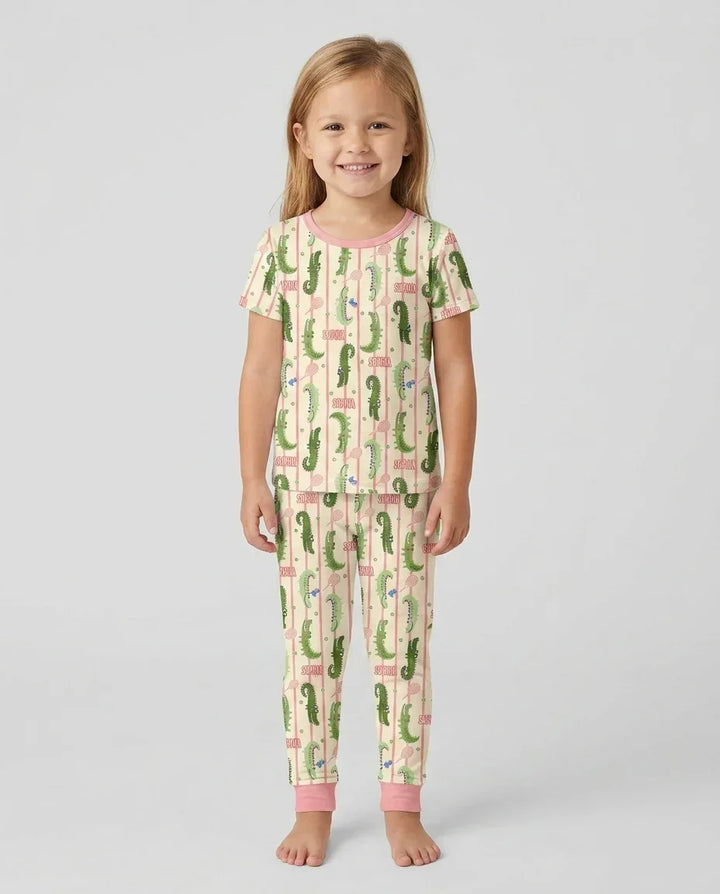 Custom Name Tennis Crocodiles Bamboo Two Piece Short Sleeve Pajama Set