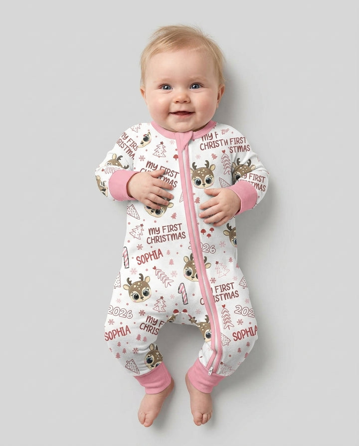 Reno lindo con nombre personalizado Mi primera Navidad, pijama de bambú con cierre de cremallera convertible