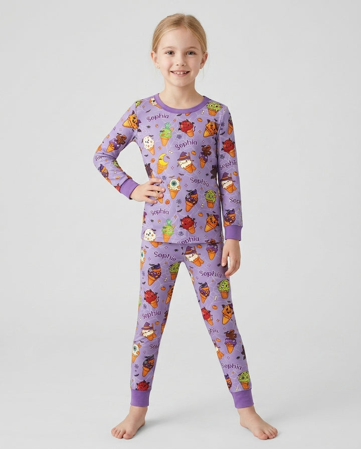 Custom Name Halloween Ice Cream Bamboo Two Piece Long Sleeve Pajama Set