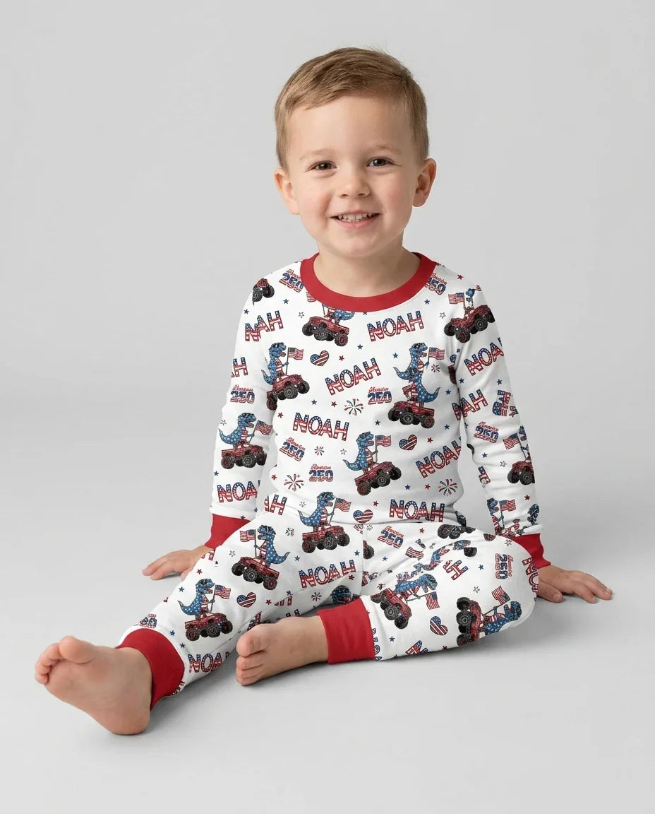 Custom Name American Flag Dinosaur Bamboo Two Piece Long Sleeve Pajama Set
